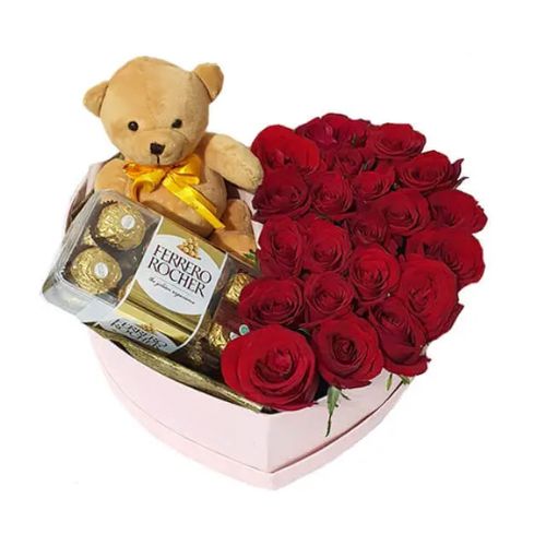 Bloom Box Mawar Merah, Cokelat dan Boneka - Sweet Love Heart