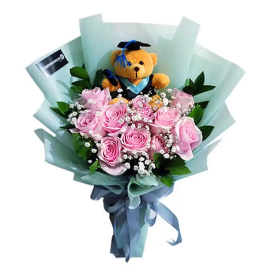 Pink Roses With Teddy Bear - Purple Tale