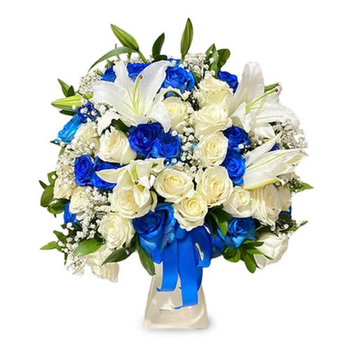 Bunga Meja Mawar Biru Putih dan Lily - Initial Blue